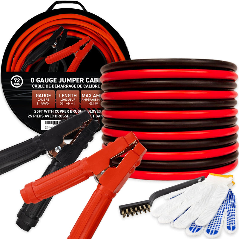 72HRS 0 Gauge Battery Jumper Cable With Gloves, 25 Ft