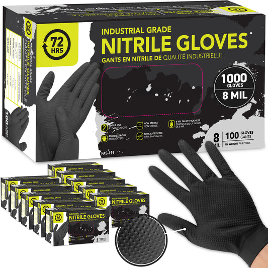 Industrial Grade Nitrile Gloves, Black, Case of 10 packs x 100 gloves, 8 Mil - 72HRS
