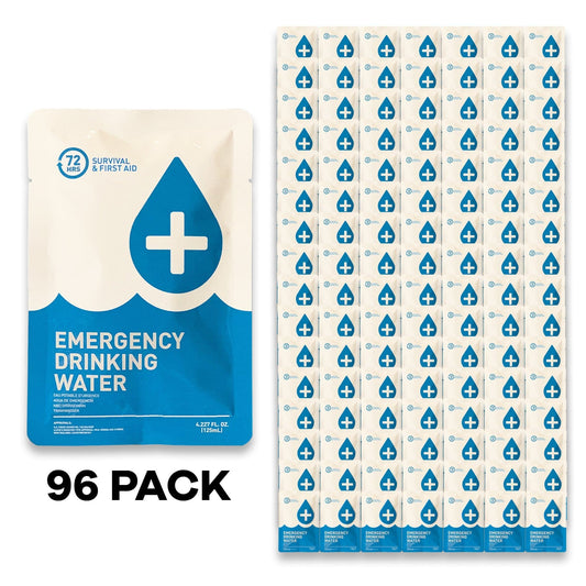 72HRS 96 water pouches laid out