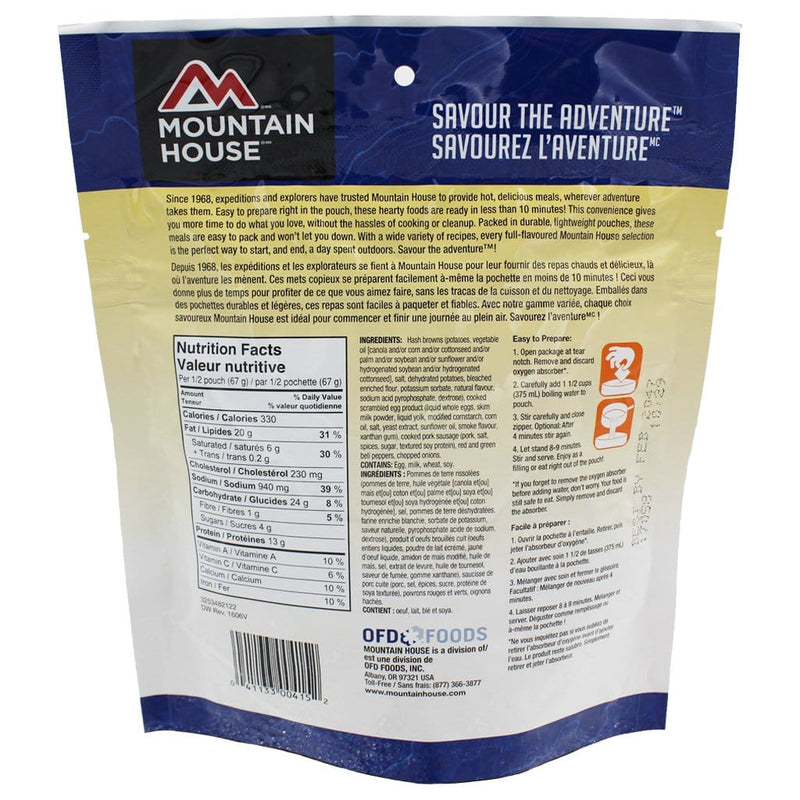 Mountain House Breakfast Skillet Pouch with ingredients and nutritional facts