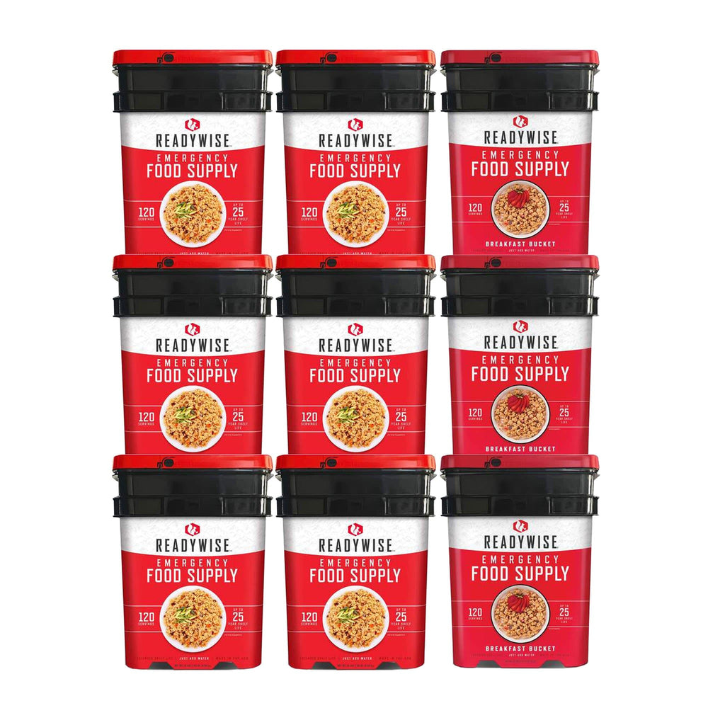 ReadyWise 1080 servings package with 3 breakfast and 6 entree buckets