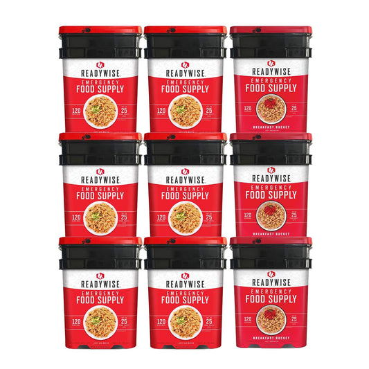 ReadyWise 1080 servings package with 3 breakfast and 6 entree buckets
