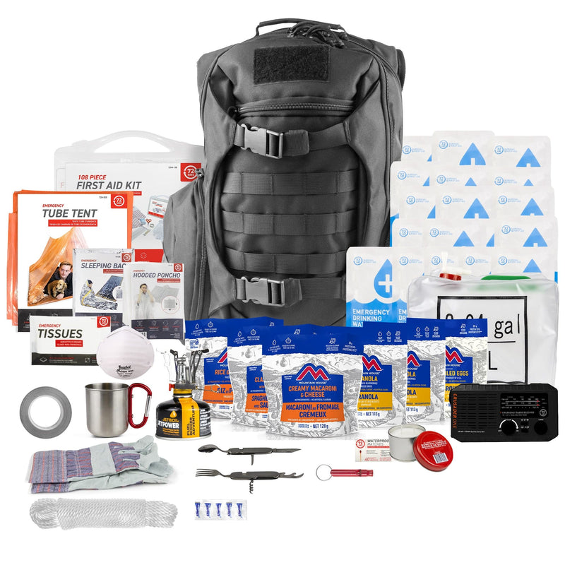 1 Person Tactical Real Meal Emergency Survival Kit with NOAA Weatherband Radio by 72HRS items laid out