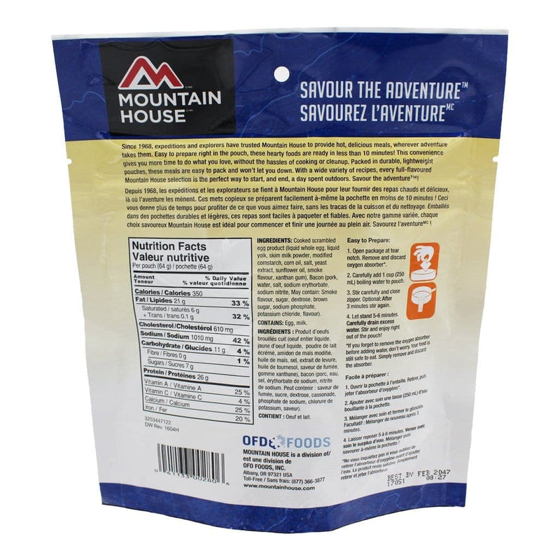 Mountain House Scrambled Eggs with Bacon Pouch with ingredients and nutritional facts
