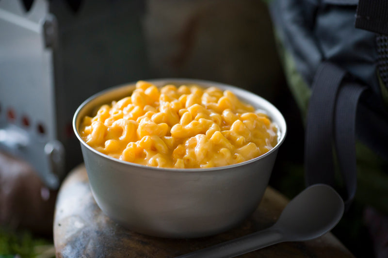 mac and cheese served in metal bowl