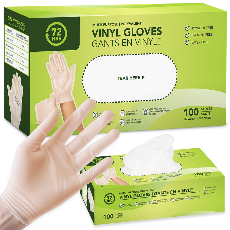 Clear Vinyl Gloves, All Purpose Gloves, Box of 100 Pieces, 4.0 Mil - 72HRS