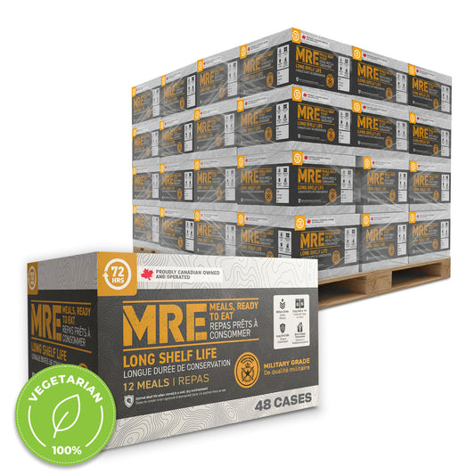 72HRS MRE Meals Pallet – 48 Cases of Ready-to-Eat Survival Food & Military Rations (Meat-Free)
