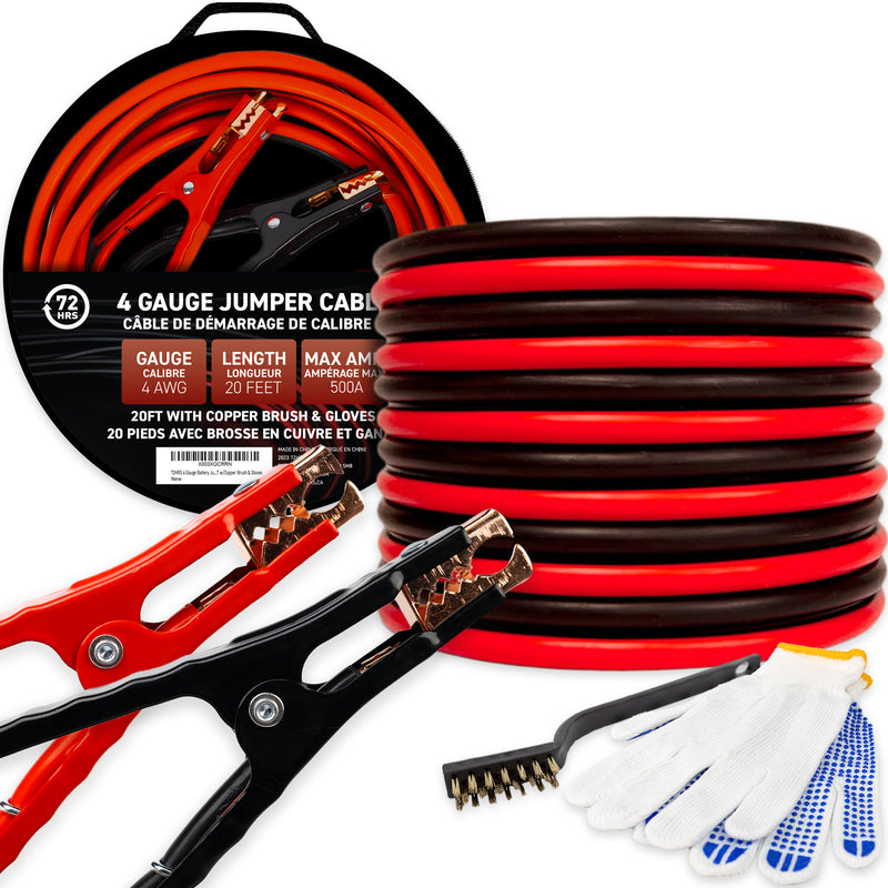 72HRS 4 Gauge Battery Jumper Cable With Gloves, 20 Ft