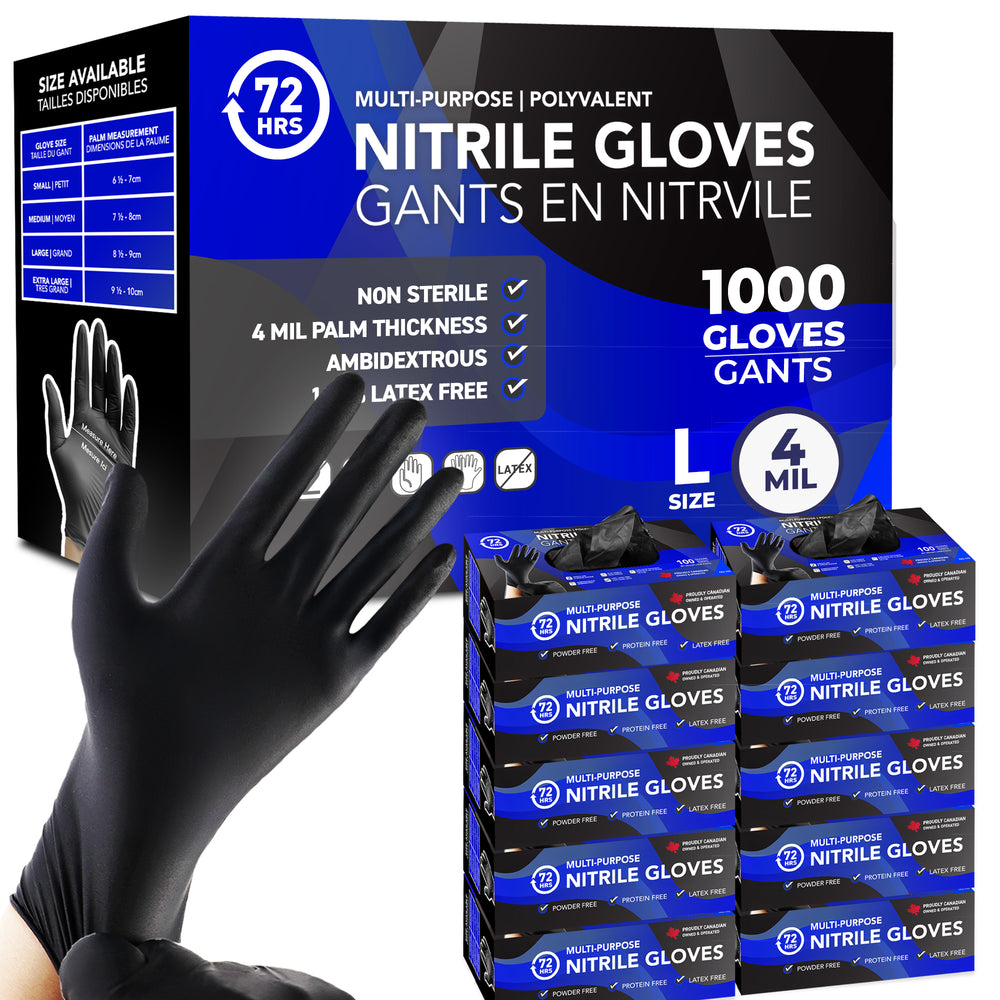 Black Nitrile Gloves, All Purpose Gloves, Case of 10 packs x 100 gloves, 4.0 Mil- 72HRS