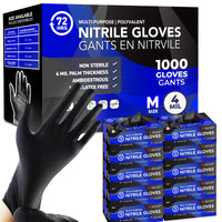 Black Nitrile Gloves, All Purpose Gloves, Case of 10 packs x 100 gloves, 4.0 Mil- 72HRS