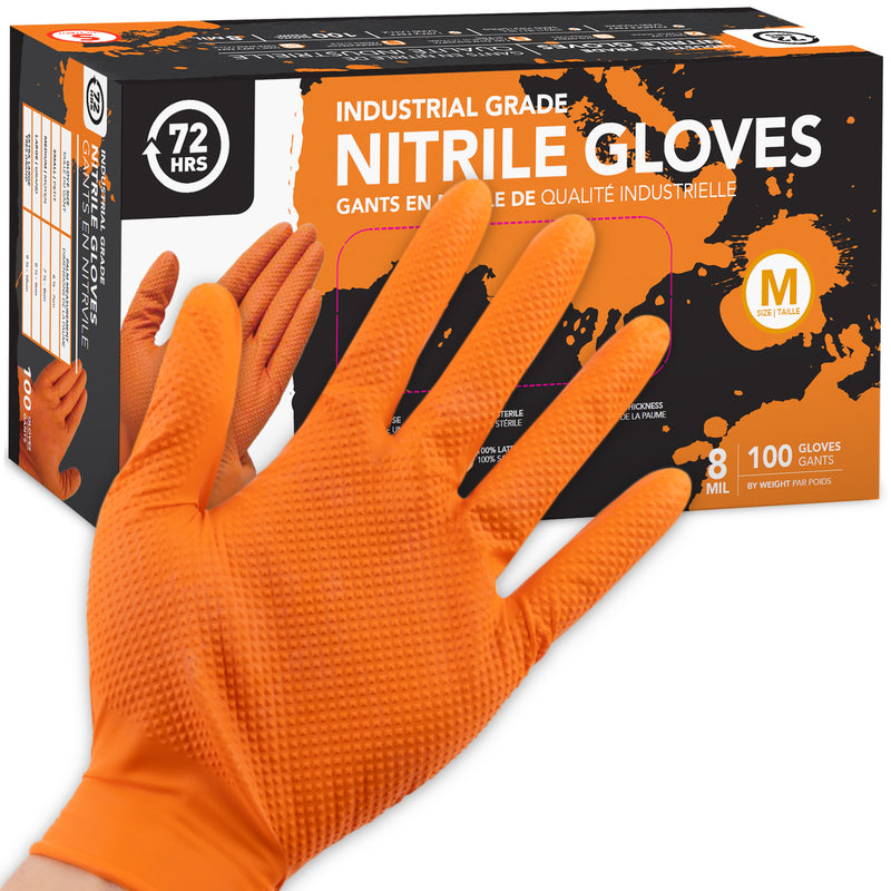 Orange Nitrile Disposable Industrial Gloves, Box of 100 Pieces, 8 Mil- 72HRS