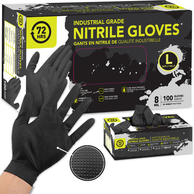 Industrial Grade Nitrile Gloves, Black, Box of 100 Pieces, 8 Mil - 72HRS