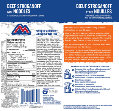 Mountain HouseBeef Stroganoff with Noodles showing ingredients and nutritional facts.