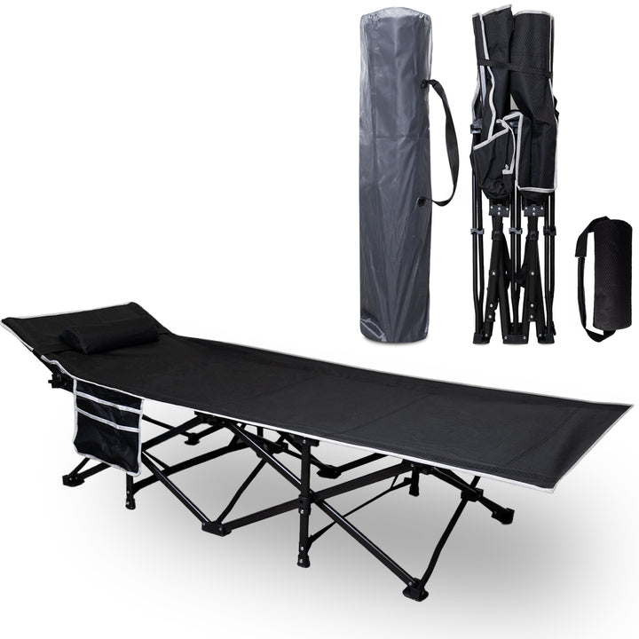 72HRS Portable Camping Cot, with Detachable Headrest and Carry Bag (Black)