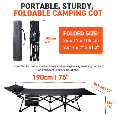 72HRS Portable Camping Cot, with Detachable Headrest and Carry Bag (Black)