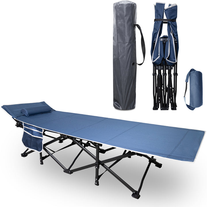 72HRS Portable Camping Cot, with Detachable Headrest and Carry Bag (Blue)