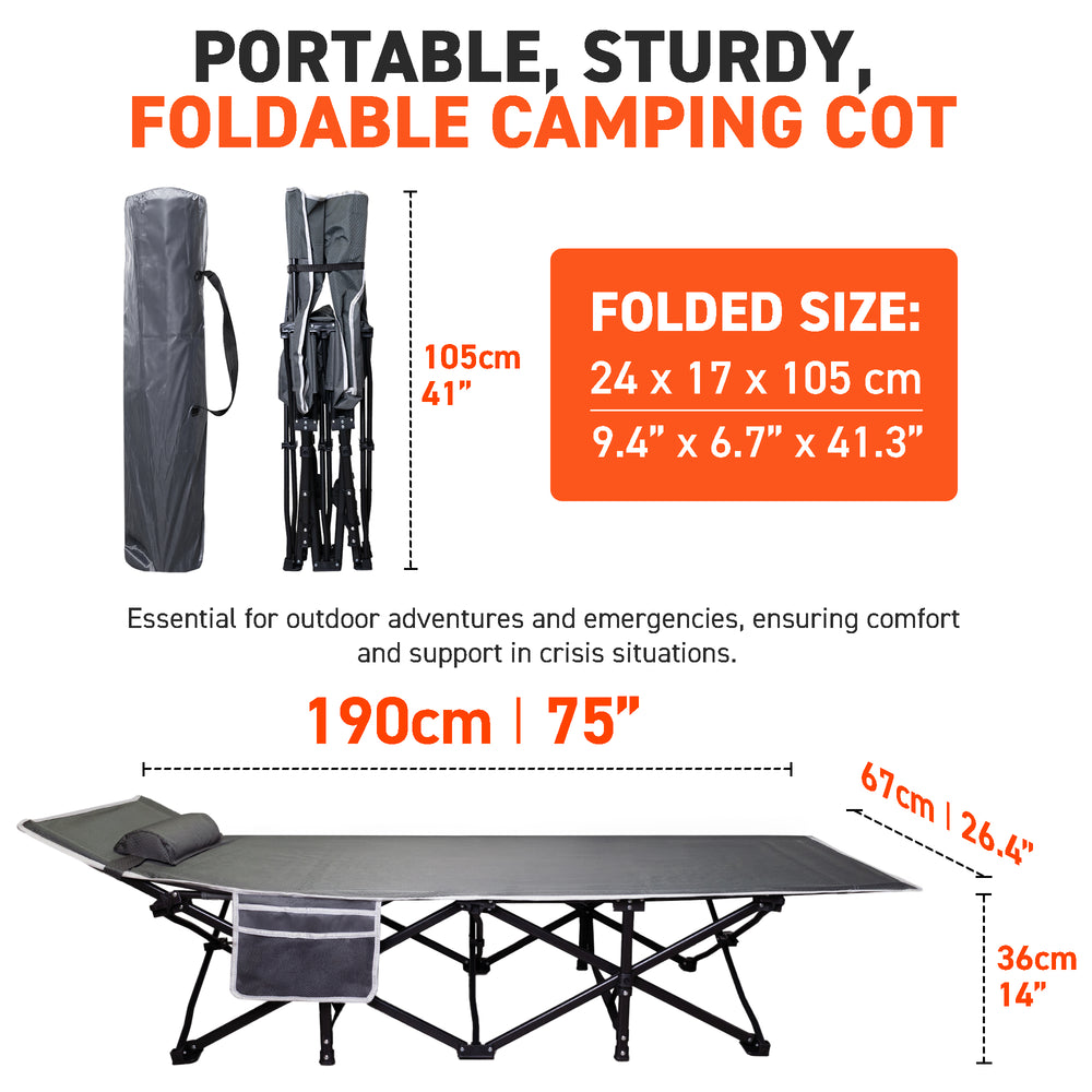 72HRS Portable Camping Cot, with Detachable Headrest and Carry Bag (Grey)