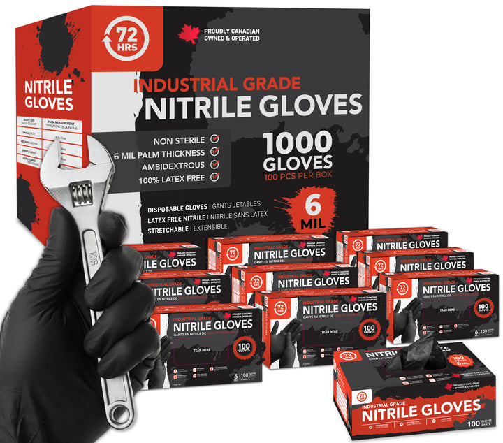 Industrial Grade Nitrile Gloves, Black, Case of 10 packs x 100 gloves, 6 Mil - 72HRS