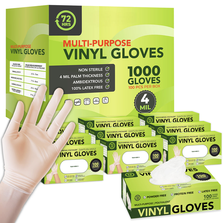 Clear Vinyl Gloves, All Purpose Gloves, Case of 10 packs x 100 gloves, 4.0 Mil - 72HRS
