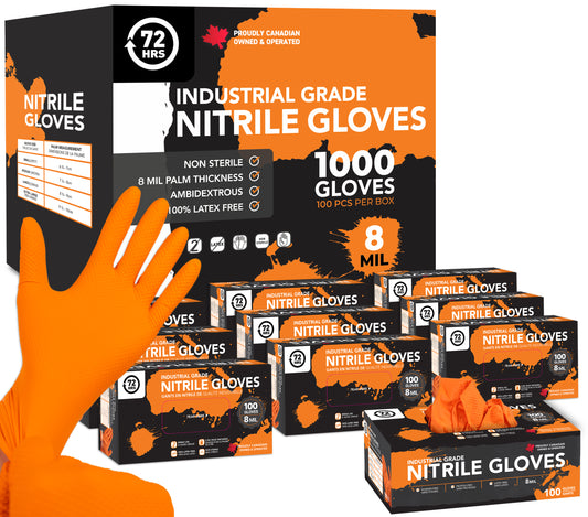 Industrial Grade Nitrile Gloves, Orange, Case of 10 packs x 100 gloves, 8 Mil - 72HRS