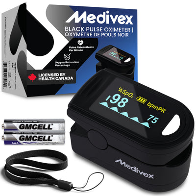 Medivex Pulse Oximeter Canada – Fingertip Oxygen Meter, Finger Pulse Oximeter Monitor for All Ages, Accurate SpO2 & Heart Rate Readings with OLED Display (Black)