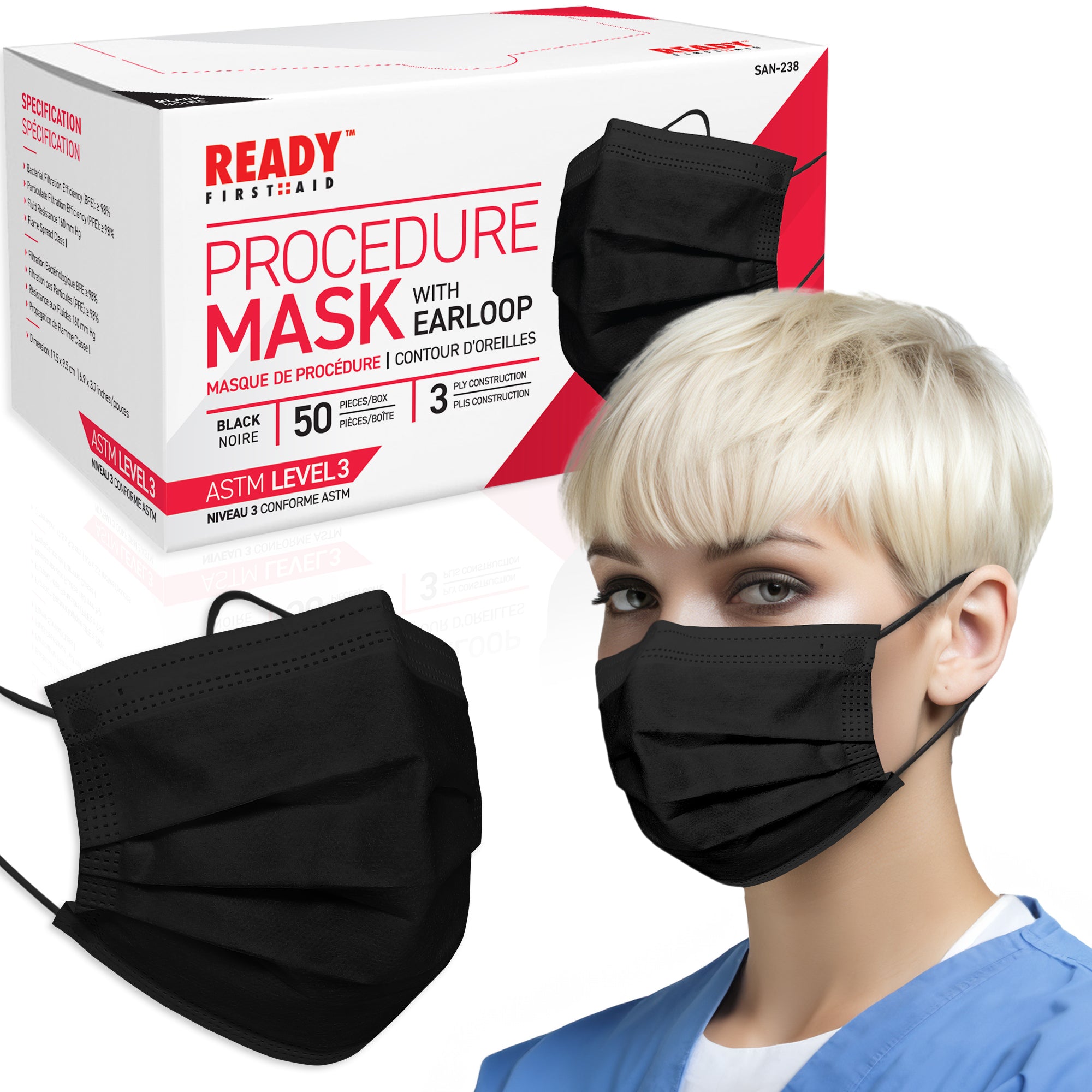 Level Set Mask Ready First Aid ASTM Level 3 Black Surgical Mask 3-Ply 50pcs – 72hours.ca