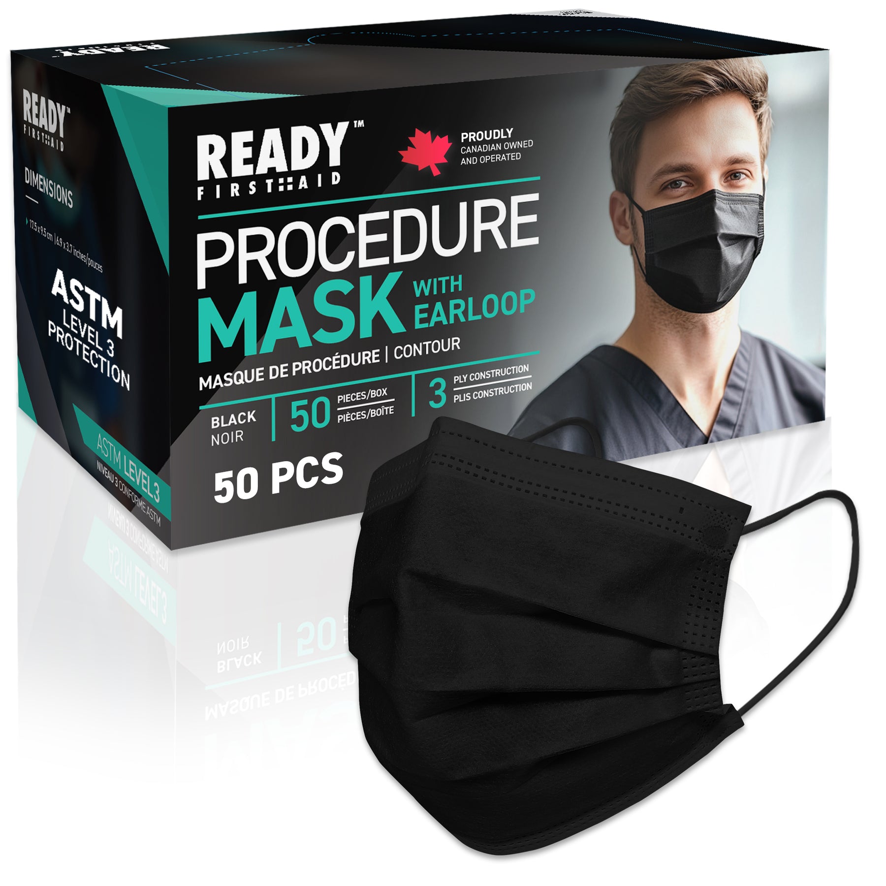 Ready Mask Ready First Aid ASTM Level 3 Black Surgical Mask 3-Ply 50pcs – 72hours.ca