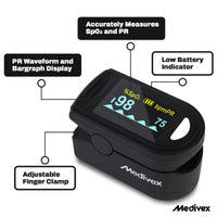 Medivex Pulse Oximeter Canada – Fingertip Oxygen Meter, Finger Pulse Oximeter Monitor for All Ages, Accurate SpO2 & Heart Rate Readings with OLED Display (Black)