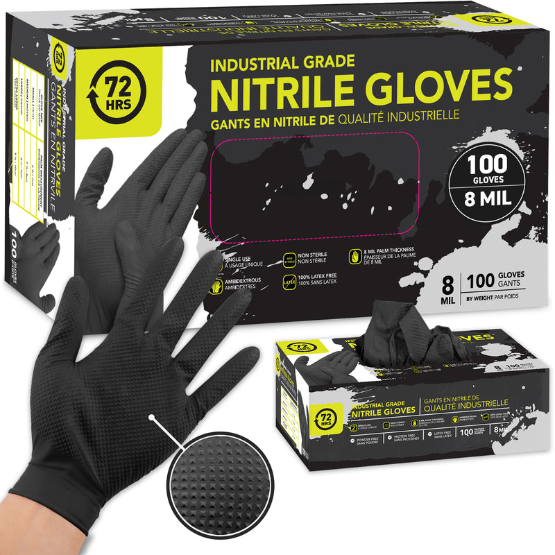 Industrial Grade Nitrile Gloves, Black, Box of 100 Pieces, 8 Mil - 72HRS