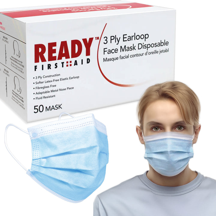 3-PLY Earloop Disposable Face Mask, Box of 50 - Ready First Aid