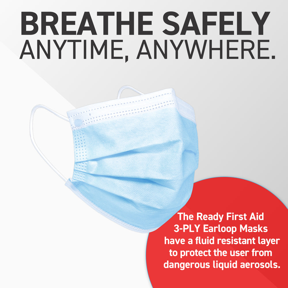 3-PLY Earloop Disposable Face Mask, Box of 50 - Ready First Aid