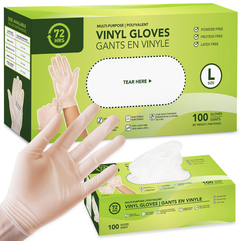 Clear Vinyl Gloves, All Purpose Gloves, Box of 100 Pieces, 4.0 Mil - 72HRS