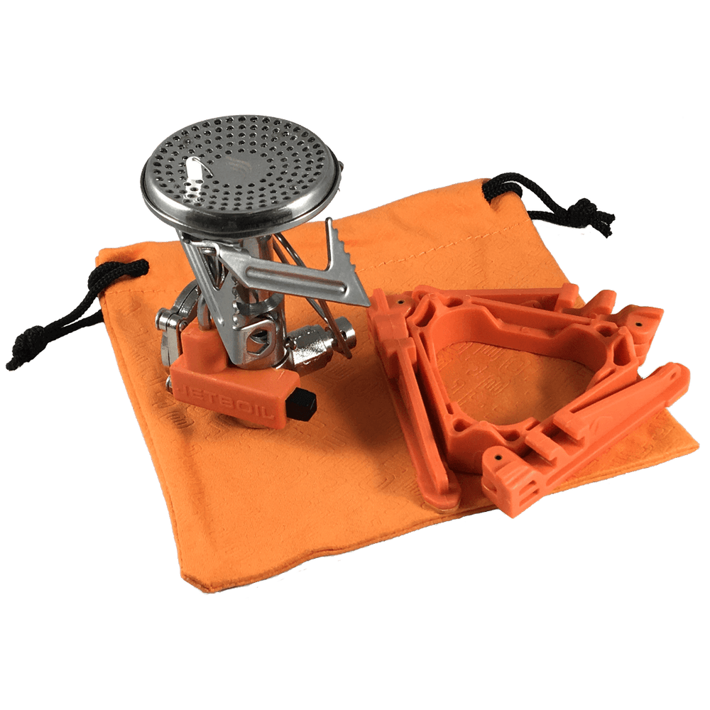 Jetboil MightyMo folded with stabilizer and carrying bag laid out