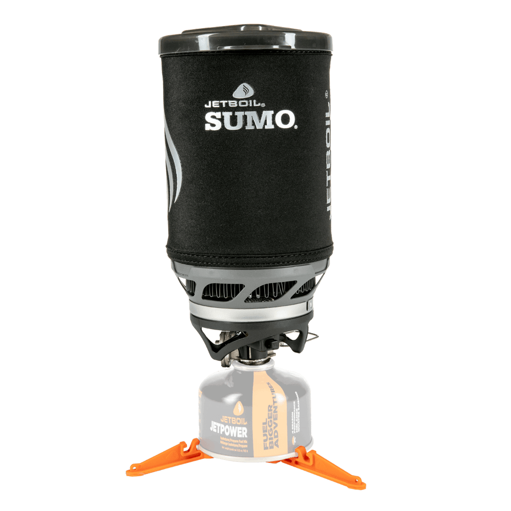 Front view of Jetboil SUMO set up with fuel and stabilizer