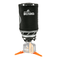 Front view of Jetboil SUMO set up with fuel and stabilizer