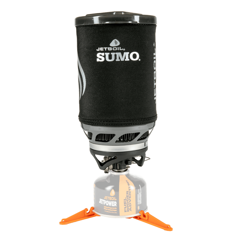 Front view of Jetboil SUMO set up with fuel and stabilizer