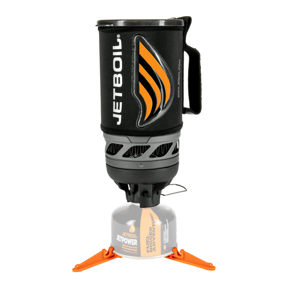 Jetboil Flash Carbon stove with orange heat indicator on stand