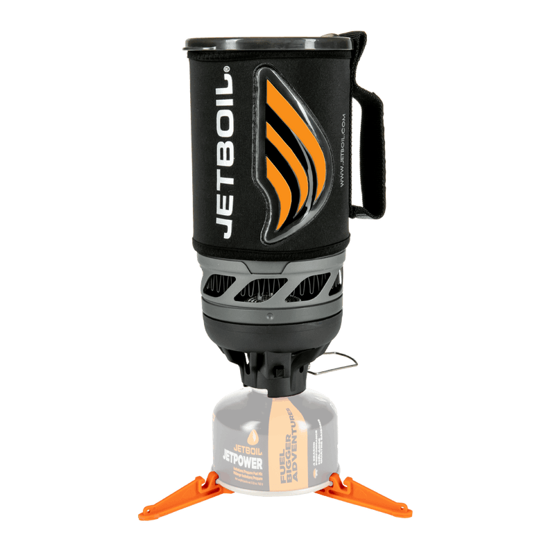 Jetboil Flash Carbon stove with orange heat indicator on stand