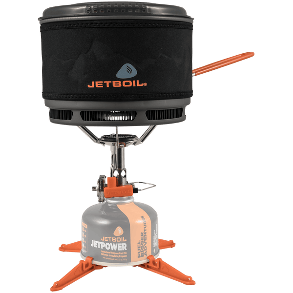 Jetboil 1.5L Ceramic FluxRing Cook Pot set up on stand