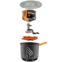 Jetboil Stash with stabilizer, ignitor, fuel, and lid in a row
