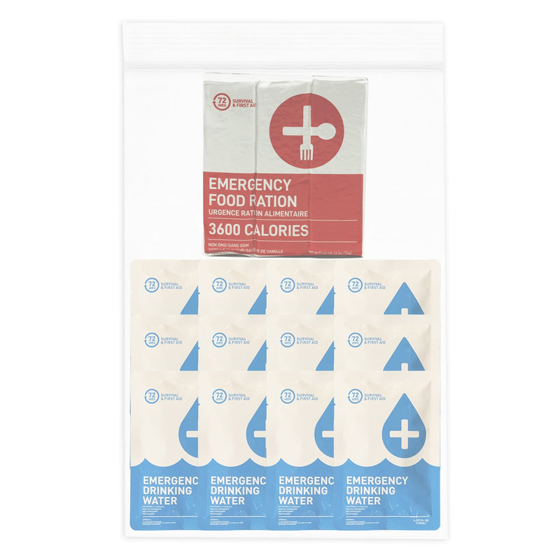 1 person emergency food and water replacement kit in clear bag