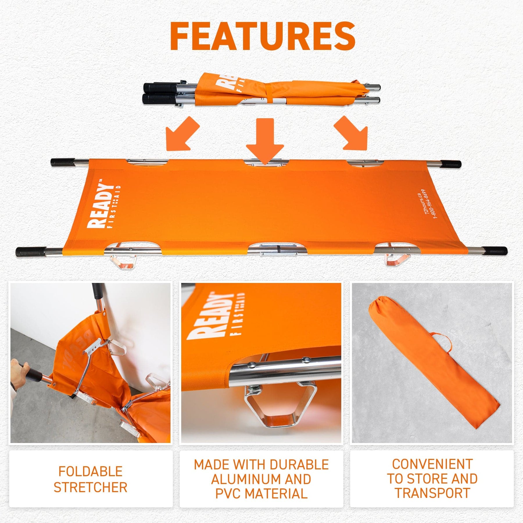 Ready First Aid Orange Folding Portable Stretcher - Durable, Waterproo ...