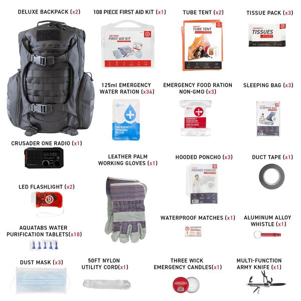 3 Person 72HRS Tactical Deluxe Backpack Kit with NOAA Weatherband Radio what's included