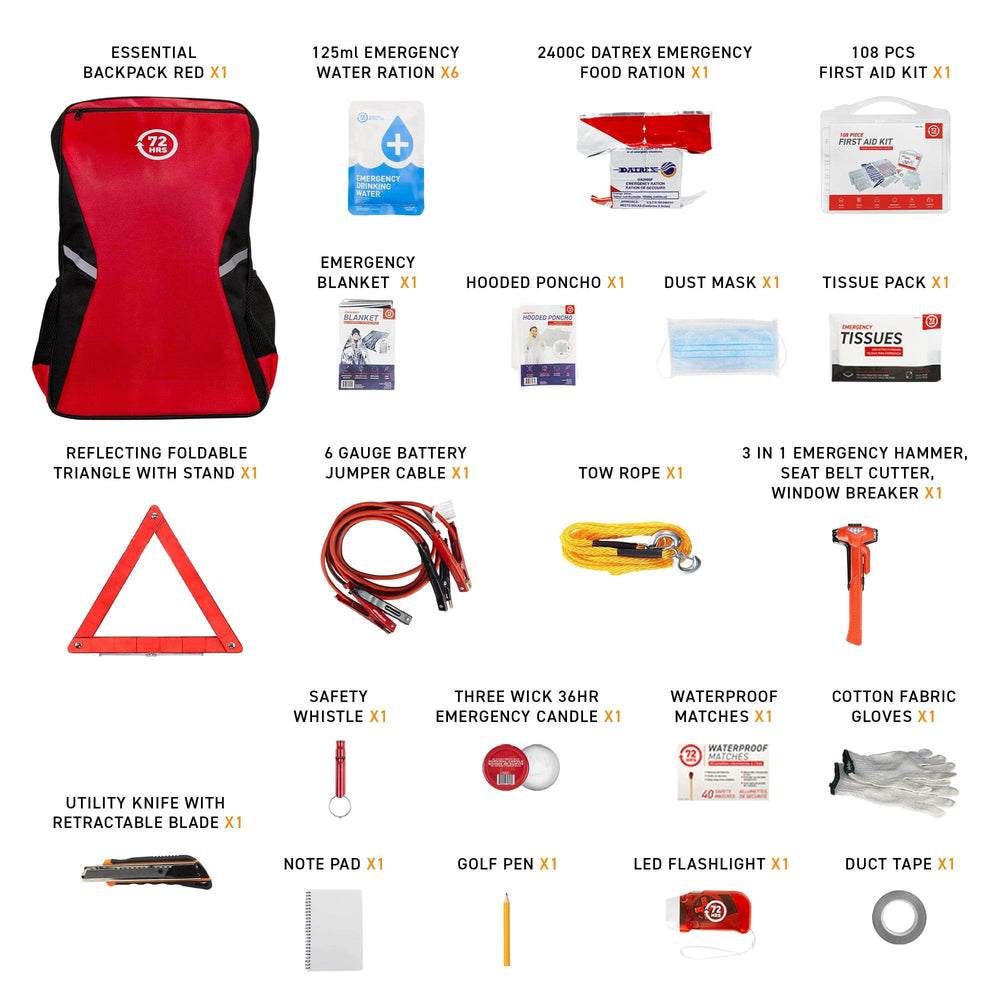 72HRS Essential Backpack Car Kit content list
