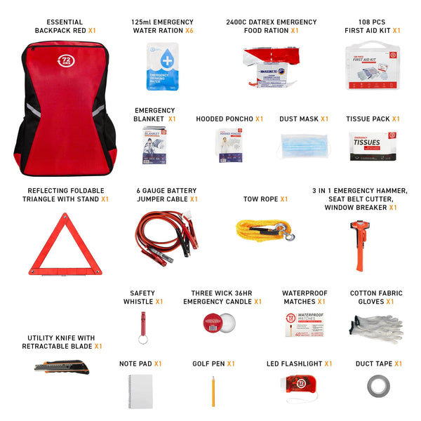 72HRS Essential Backpack Car Kit content list