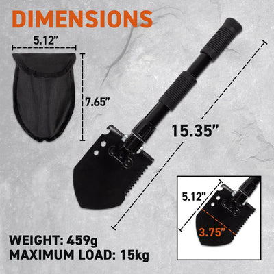 72HRS Tactical Folding Shovel - Black dimensions