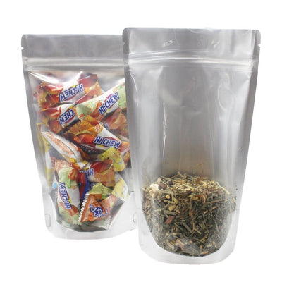 4 oz Stand Up Pouch (One Side Clear) - 5.0 Mil (8" x 5" x 3") containing tea and candy
