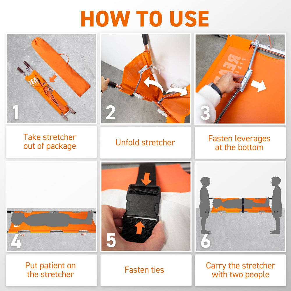 Ready First Aid Orange Folding Portable Stretcher - Durable, Waterproof & Fireproof