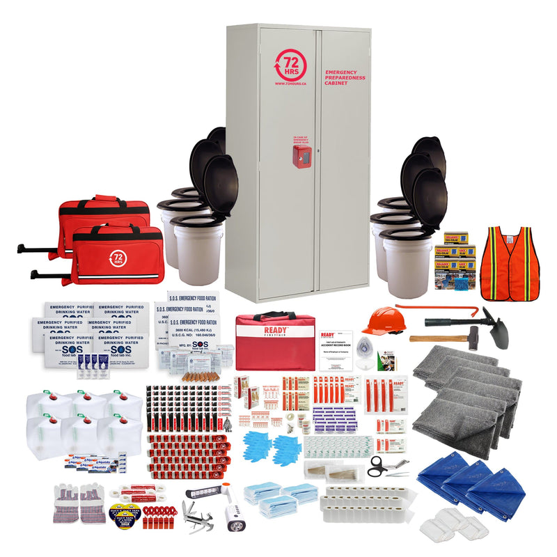 72HRS 60 people emergency cabinet kit with contents laid ouside of cabinet