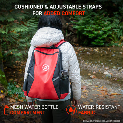 woman carrying 72HRS red Essential Backpack